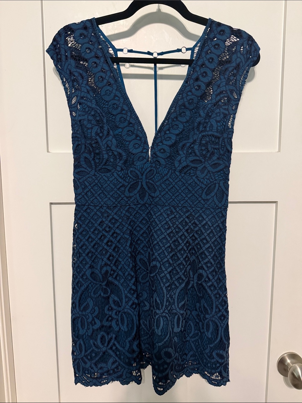 Free People One Million Lovers Teal Navy Crochet Lace V-Neck Mini Dress Size 4